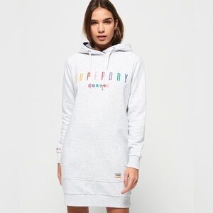 Superdry Light Gray Hoodie Dress with Rainbow Stripe Logo